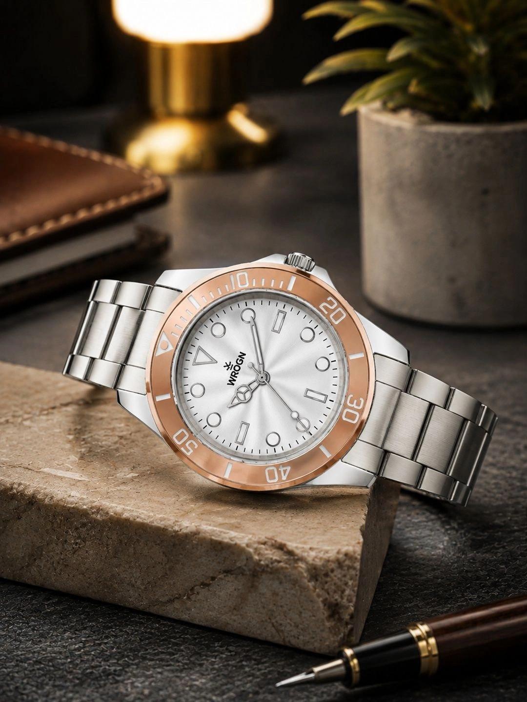 WROGN Men Brass Dial & Stainless Steel Bracelet Style Straps Analogue Watch