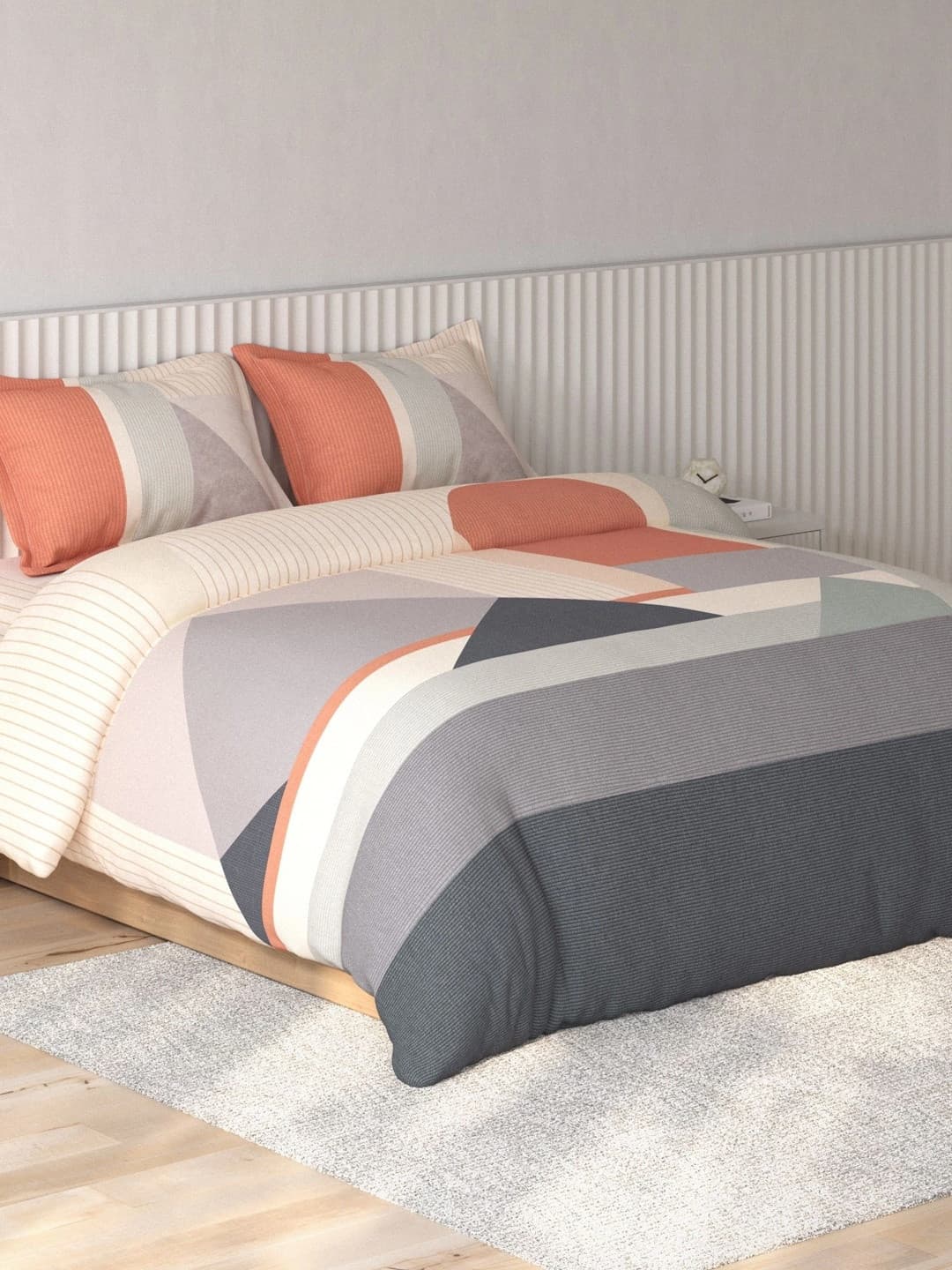 SPACES Pink & Grey Geometric 180 TC Bedsheet with 2 Pillow Covers