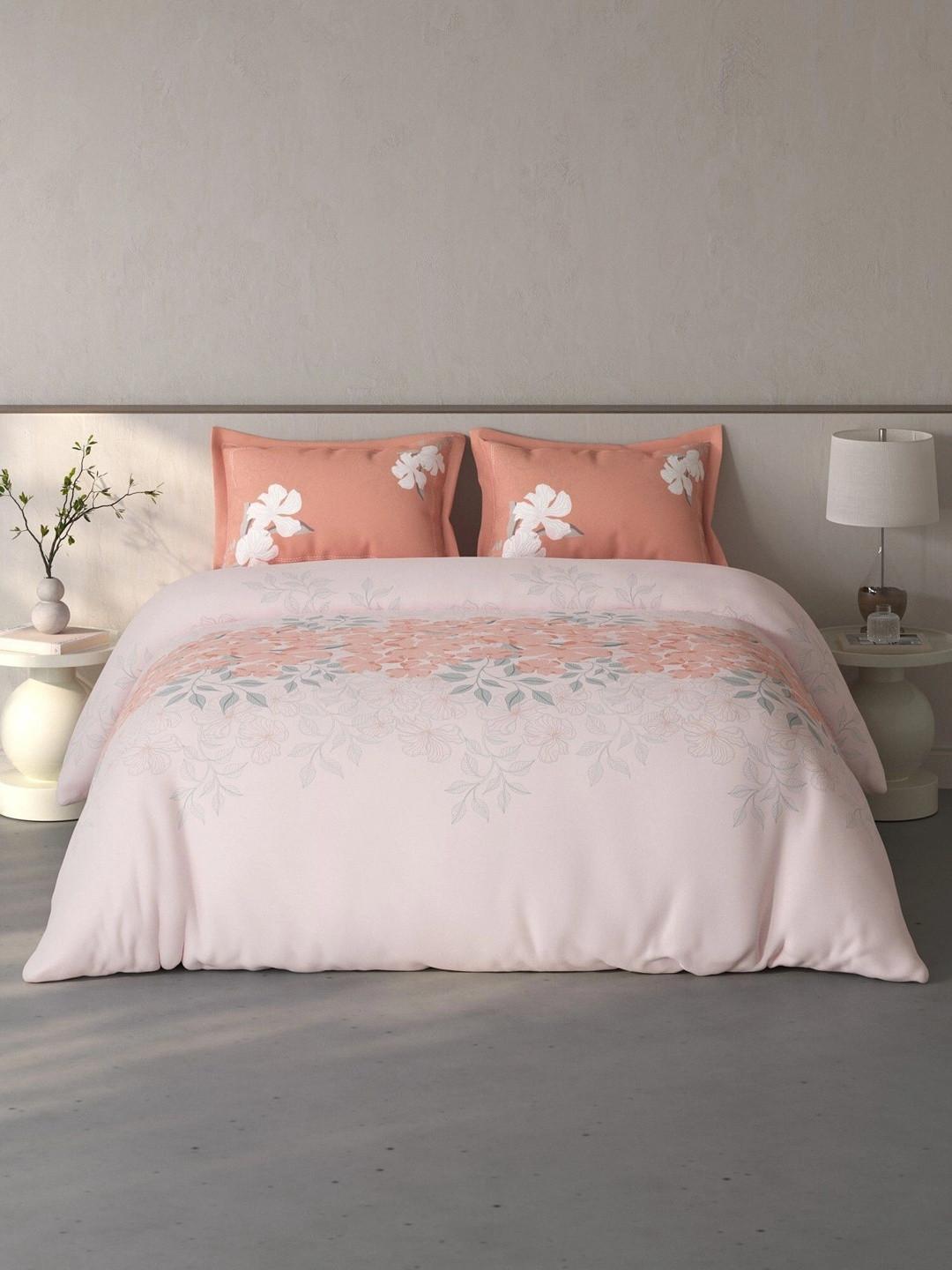 SPACES Pink & Peach-Coloured Floral 144 TC Bedsheet with 2 Pillow Covers