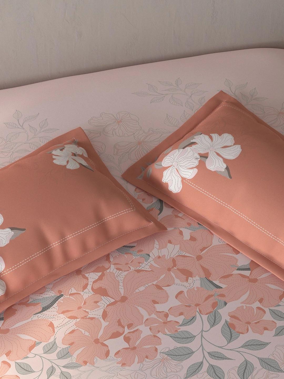 SPACES Pink & Grey Floral 144 TC Single Bedsheet with 1 Pillow Covers