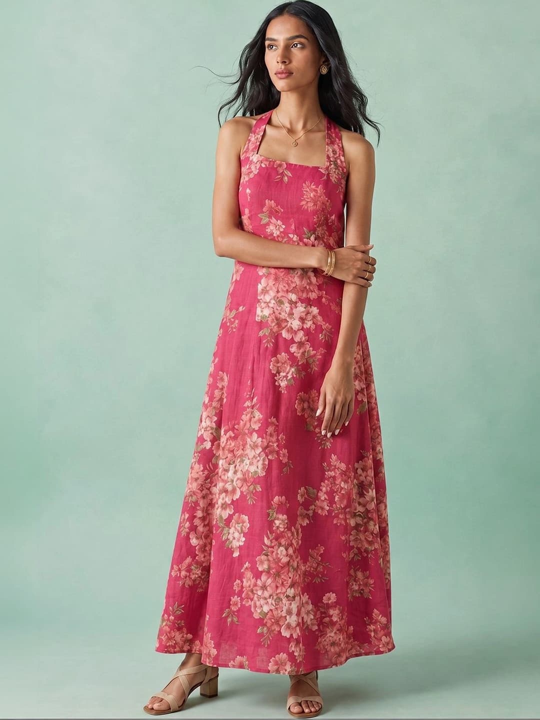 AADVIKA Floral Print Halter Neck A-Line Maxi Dress