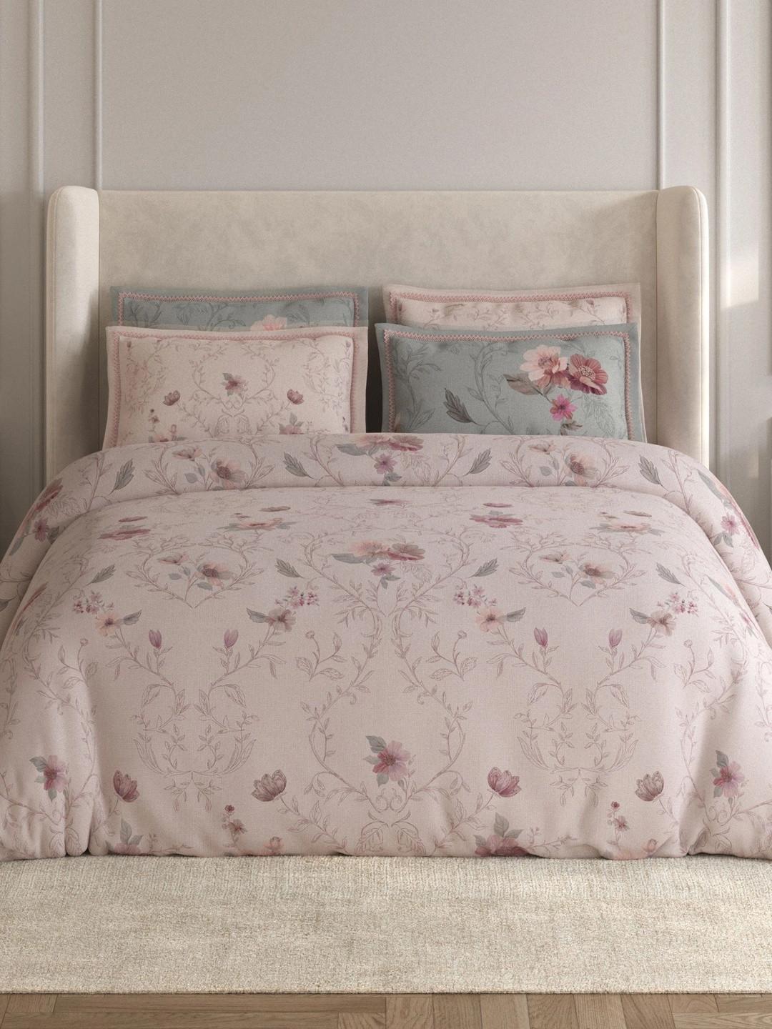 SPACES Pink & Grey Floral 350 TC Egyptian Cotton Bedsheet with 4 Pillow Covers