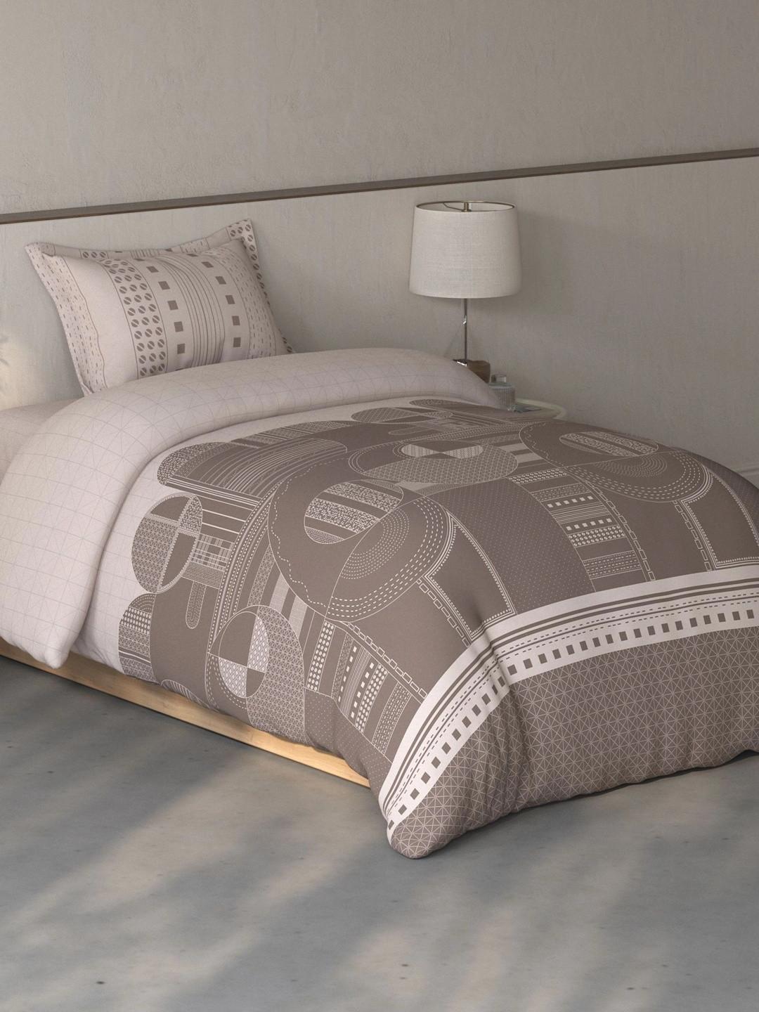 SPACES Taupe & Grey Geometric 144 TC Single Bedsheet with 1 Pillow Covers