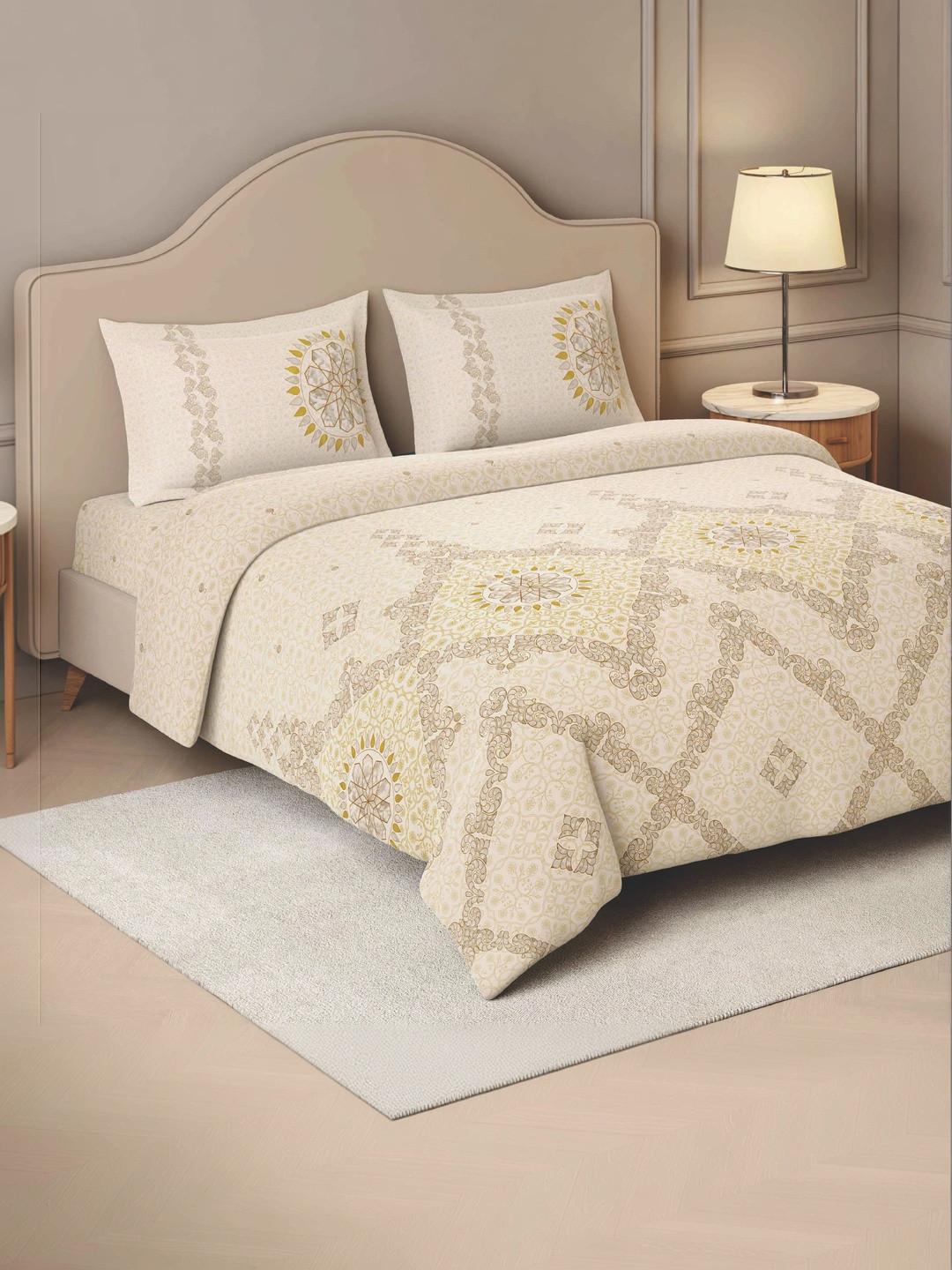 SPACES Yellow & Brown Graphic 210 TC Bedsheet with 2 Pillow Covers