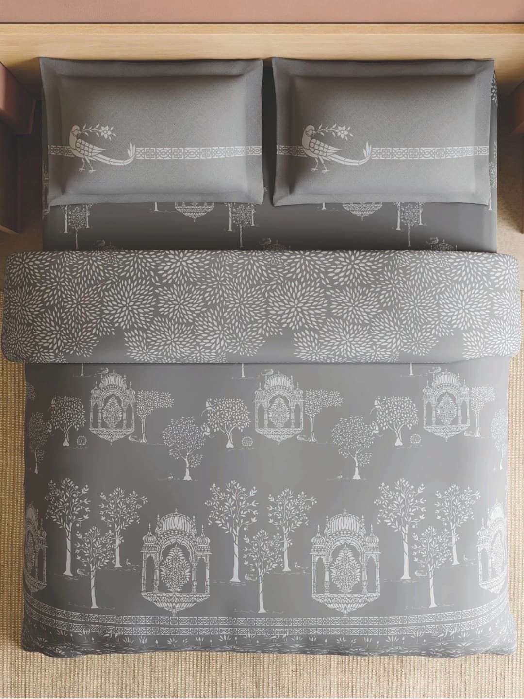 SPACES Grey & Floral 210 TC Bedsheet with 2 Pillow Covers