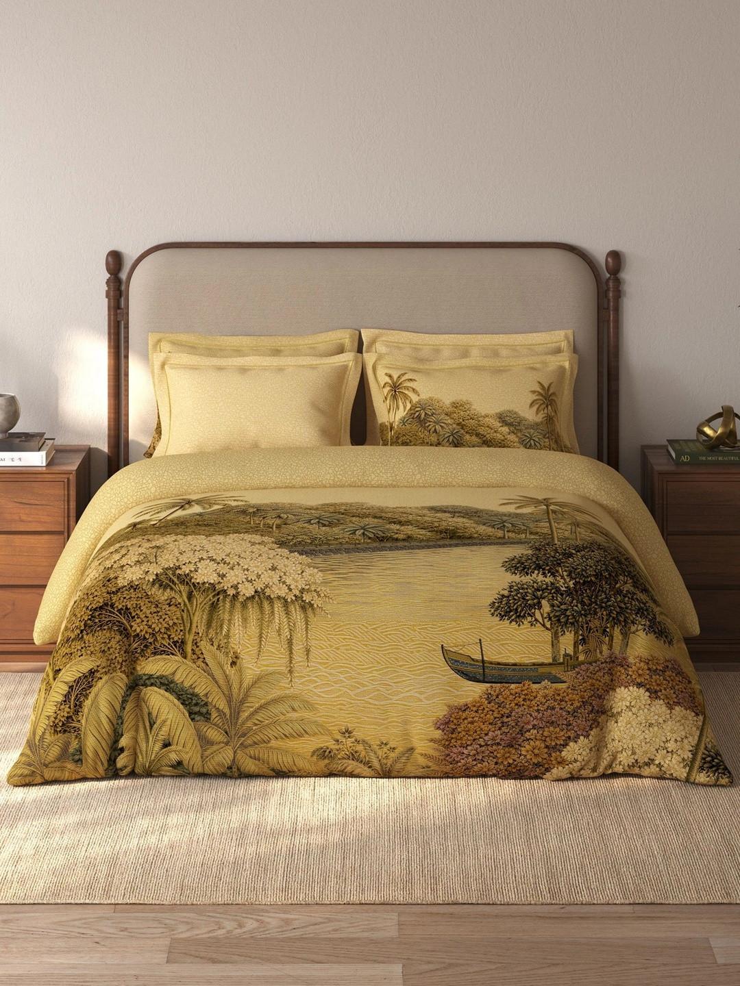 SPACES Yellow Floral 180 TC Bedsheet with 4 Pillow Covers