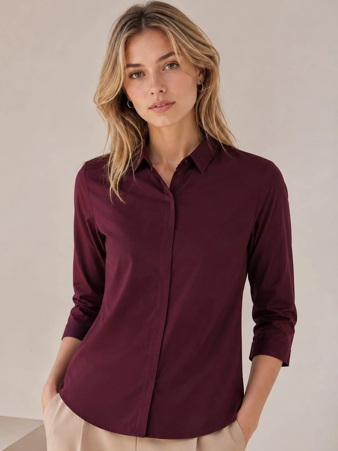 Hancock Women Burgundy Solid Slim Fit Pure Cotton Formal Shirt