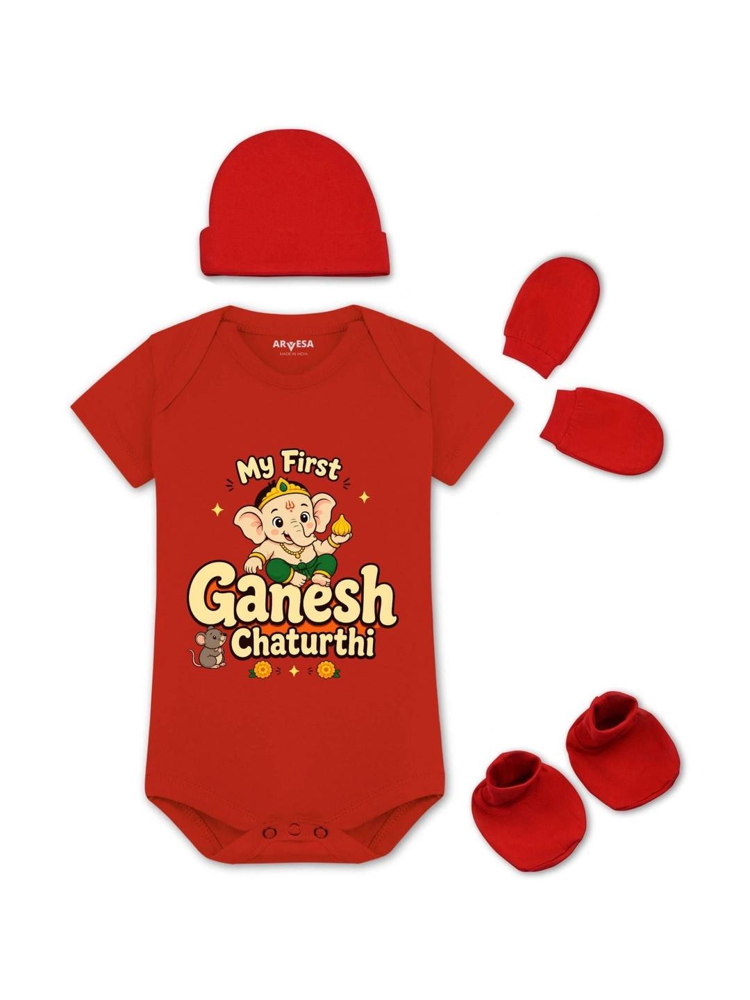 Arvesa Ganesh Chaturthi Infants 4 Pcs Pure Cotton Baby Apparel Gift Set