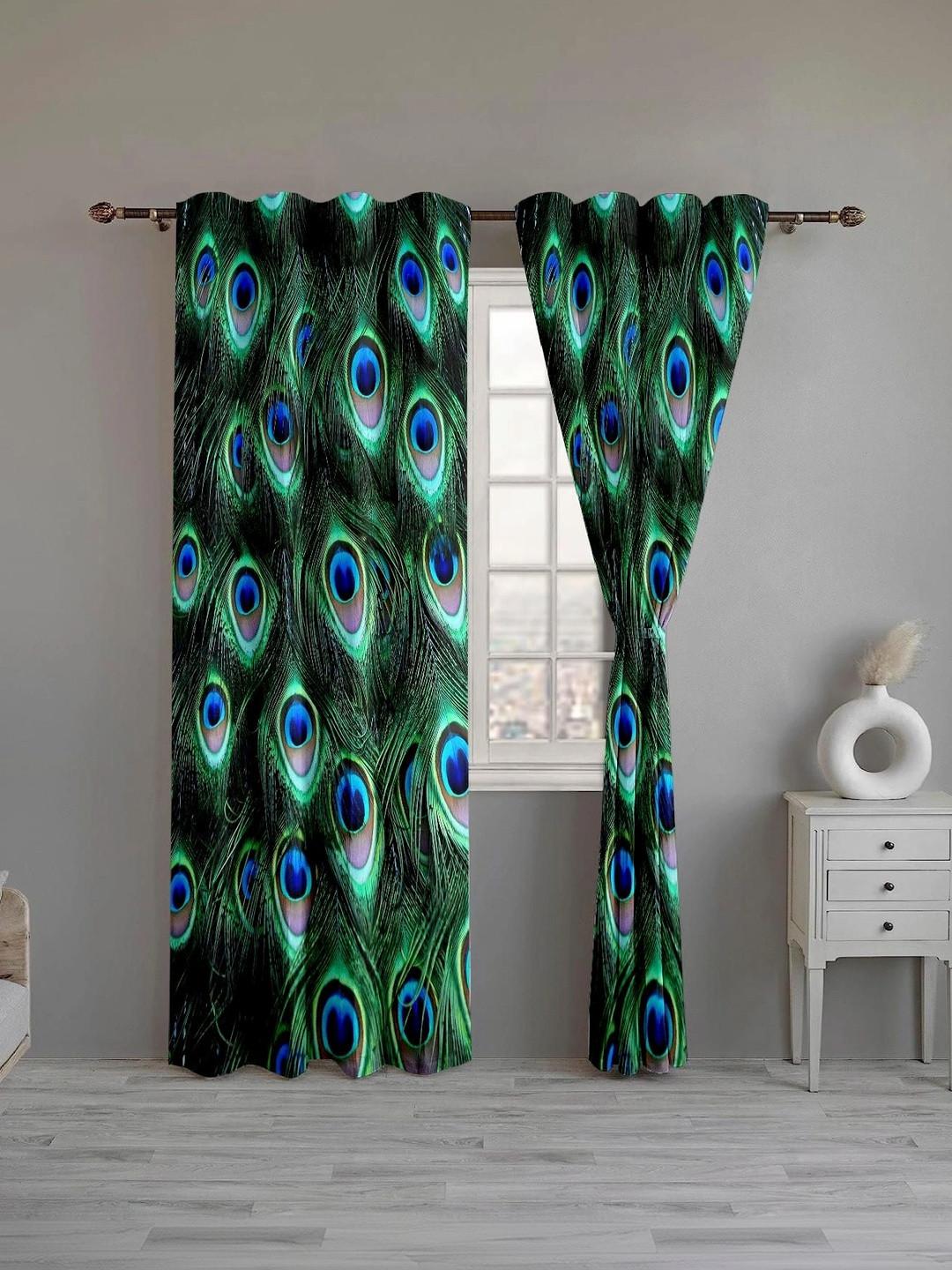 3D Peacock Pattern Printed Window Curtains Blue Eyelet Drapes for Living Room & Bedroom