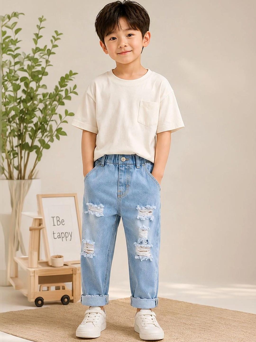 Xsole Boys Regular Fit Mid-Rise Highly Distressed Light Fade Cuffed Hem Stretchable Jeans