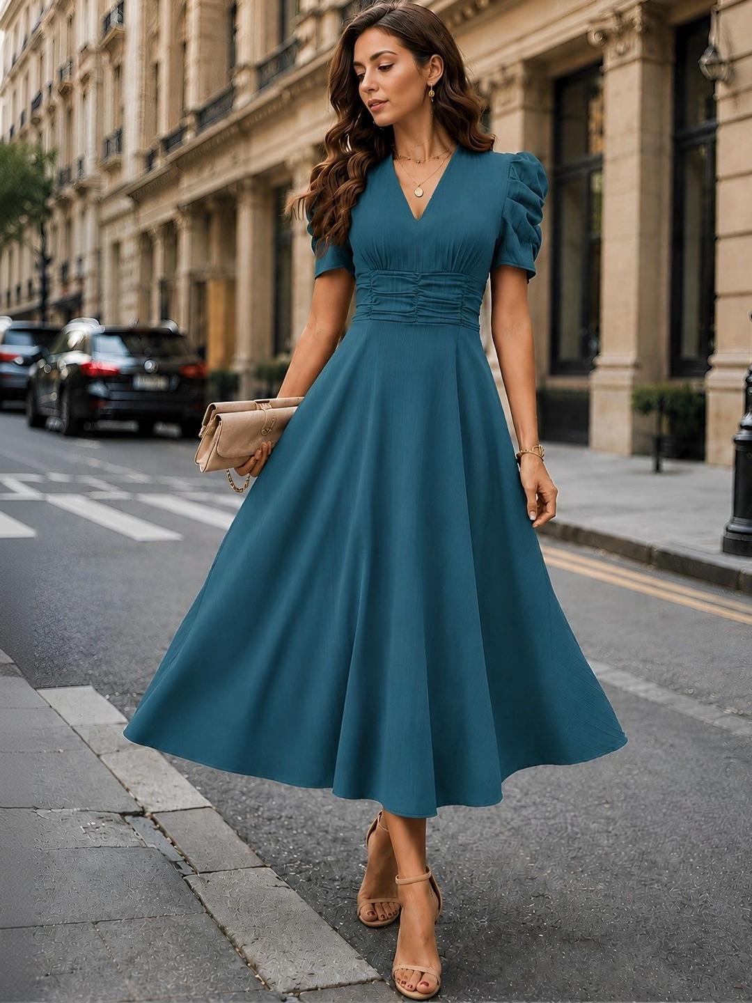 BAESD Puff Sleeve A-Line Midi Dress