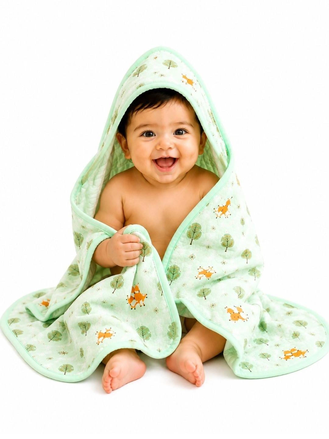 KiddieKa Sea Green & Orange 1 Printed 225 GSM Bath Towel