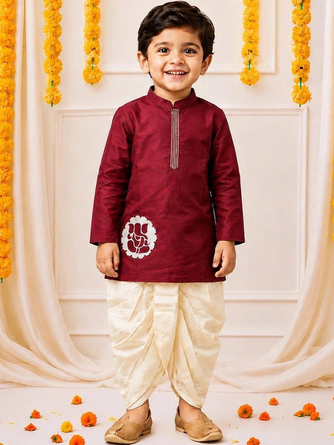 Bownbee Boys Ganesh Ethnic Motif Pure Cotton Kurta with Dhoti Pants