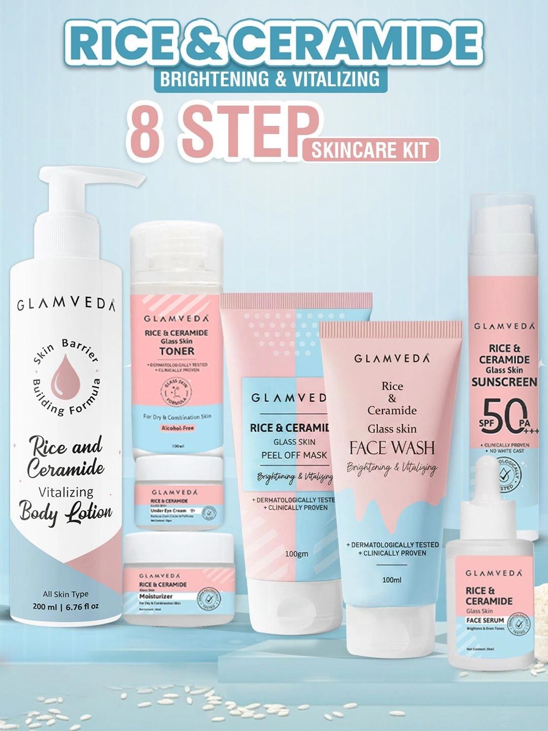 GLAMVEDA Korean Rice & Ceramide 8 Step For Skin Brightening Skincare Combo Kit