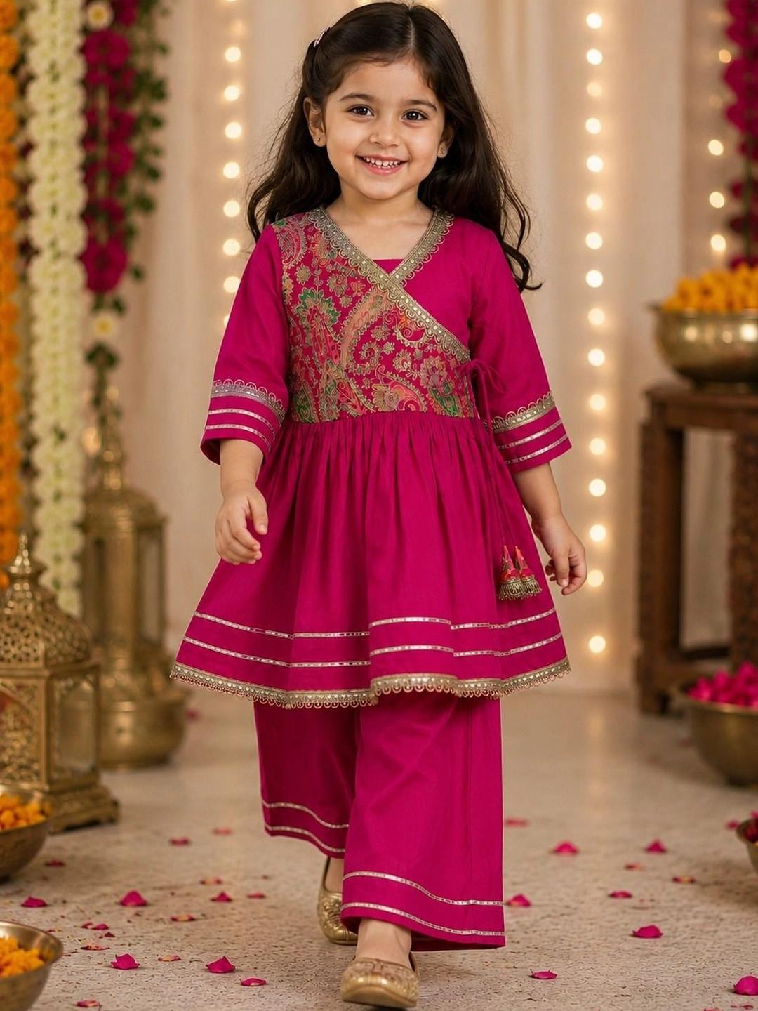 Sangria Girls Ethnic Motifs Embroidered Angrakha Thread Work Kurta with Palazzos