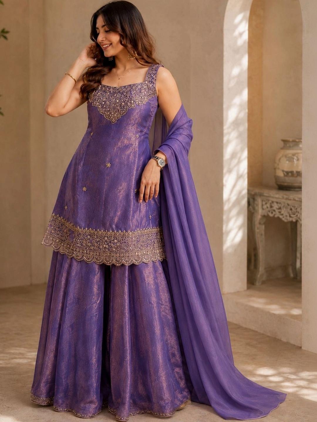 Sangria Women Ethnic Motifs Embroidered Regular Kurta with Sharara & With Dupatta