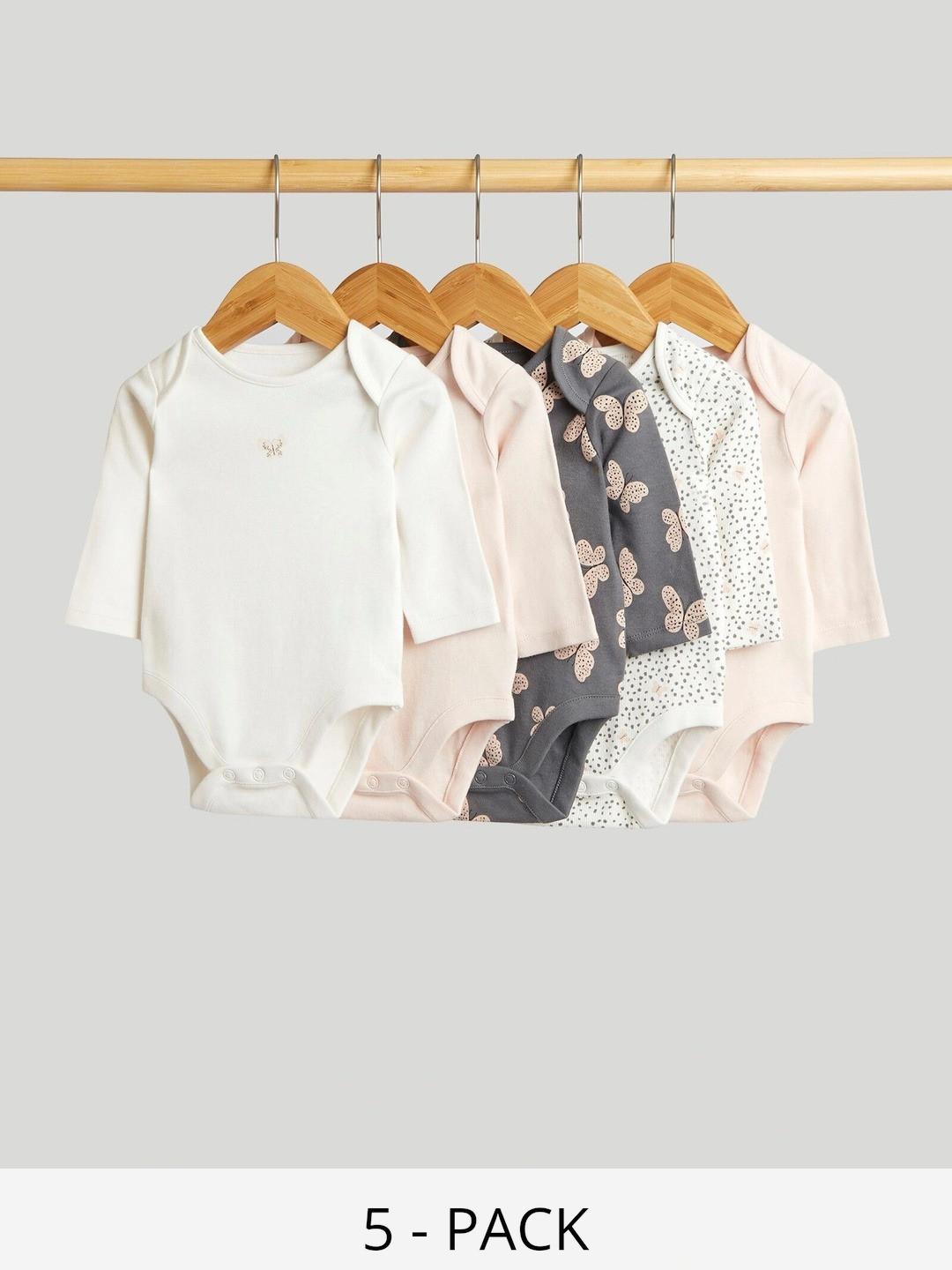 mothercare Infant Girls Pack Of 5 Printed Cotton Envelope Neck Bodysuits