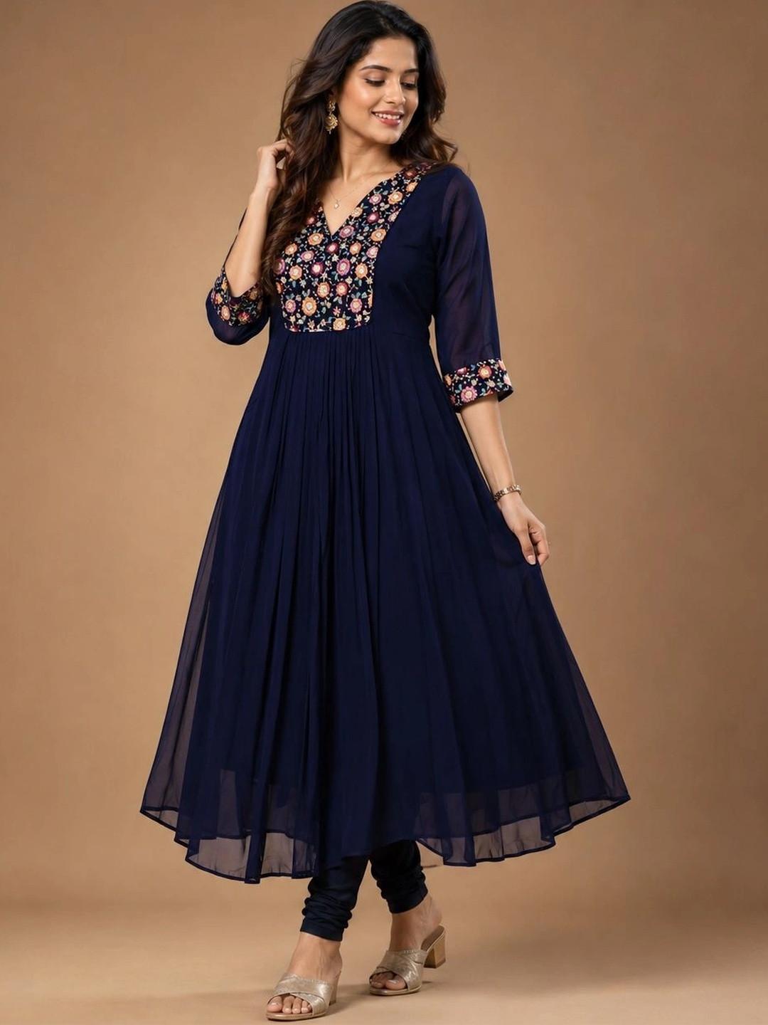 Sangria Floral Embroidered V-Neck Empire Anarkali Kurti