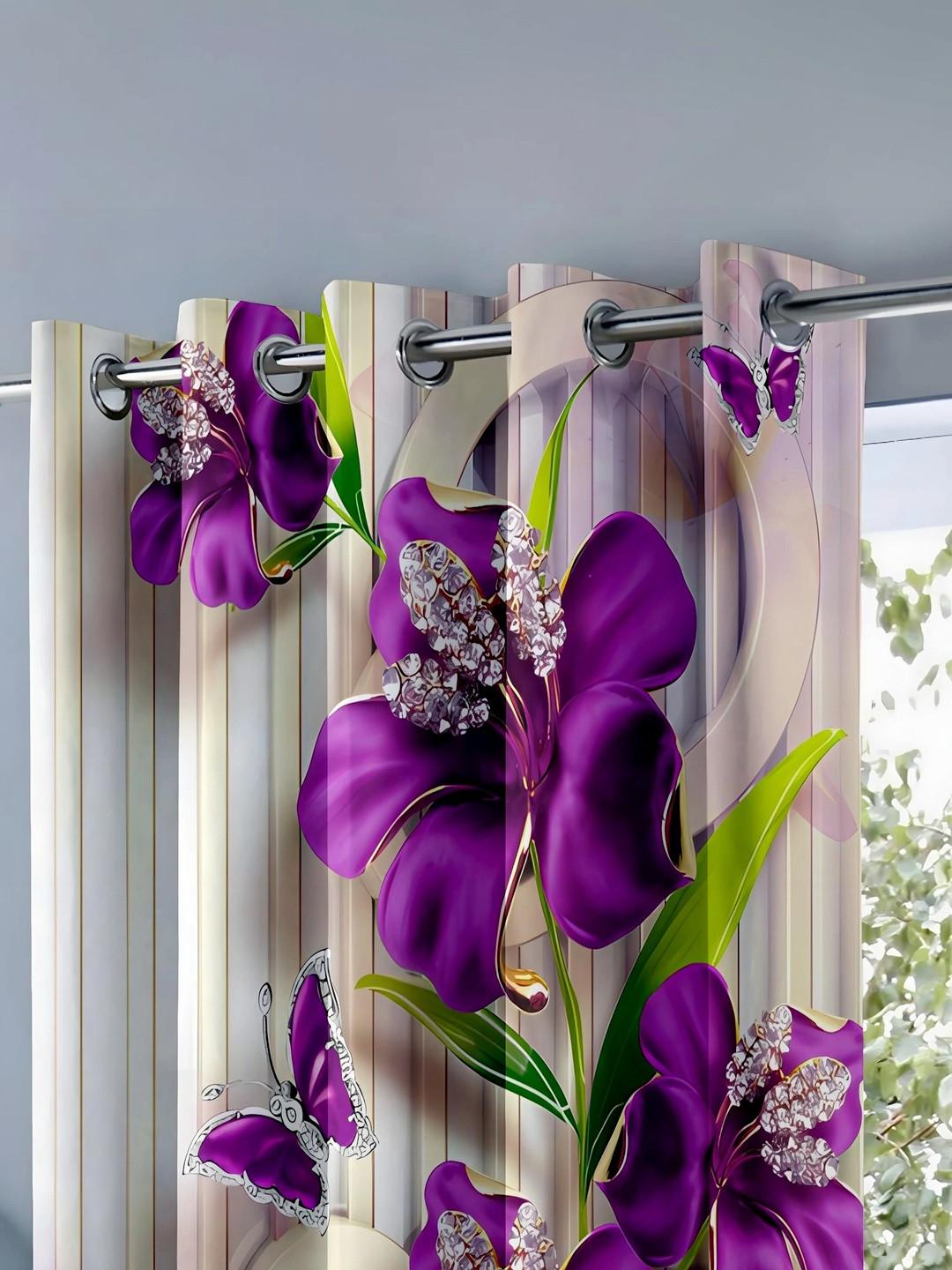 CURTAINRY 3D Elegant Purple Orchid Floral & Butterfly Print Room Darkening Door Curtains