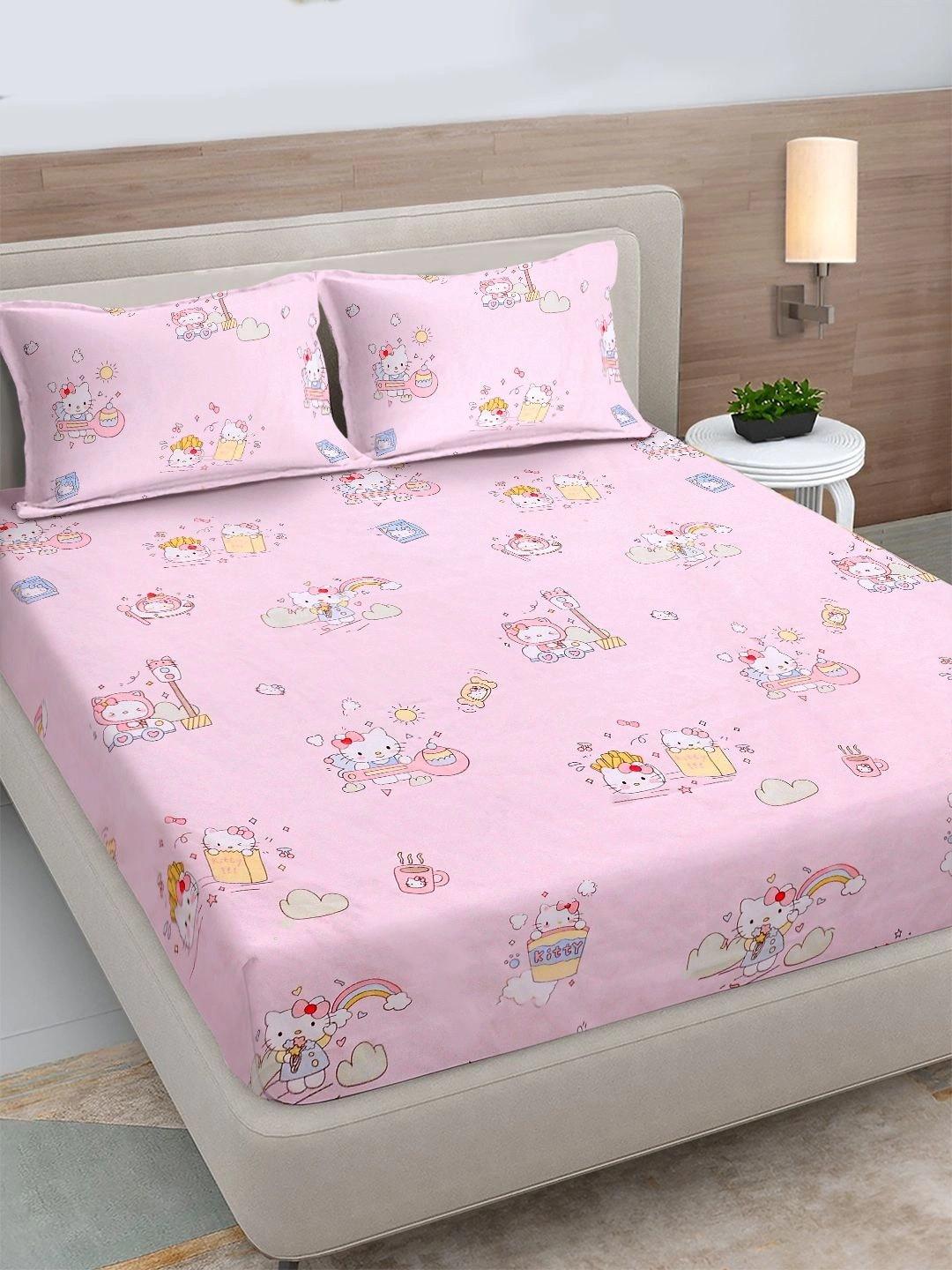 FABINALIV Pink Cartoon Characters 300 TC King Bedsheet with 2 Pillow Covers