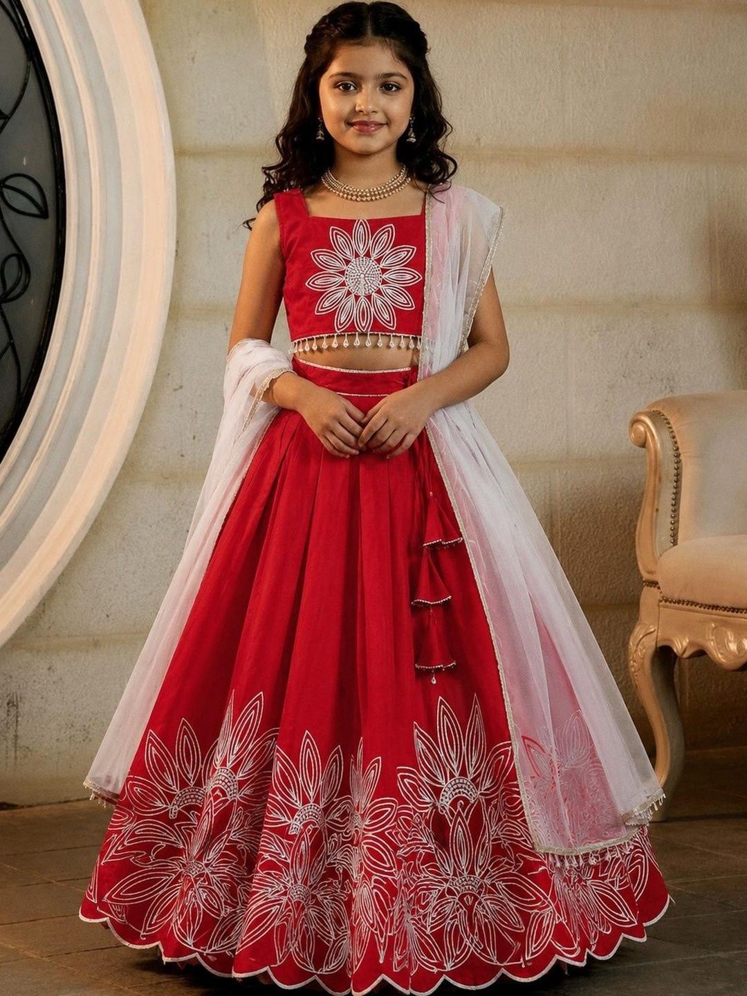 KALINI Girls Embellished Thread Work Ready to Wear Lehenga & Blouse With Dupatta