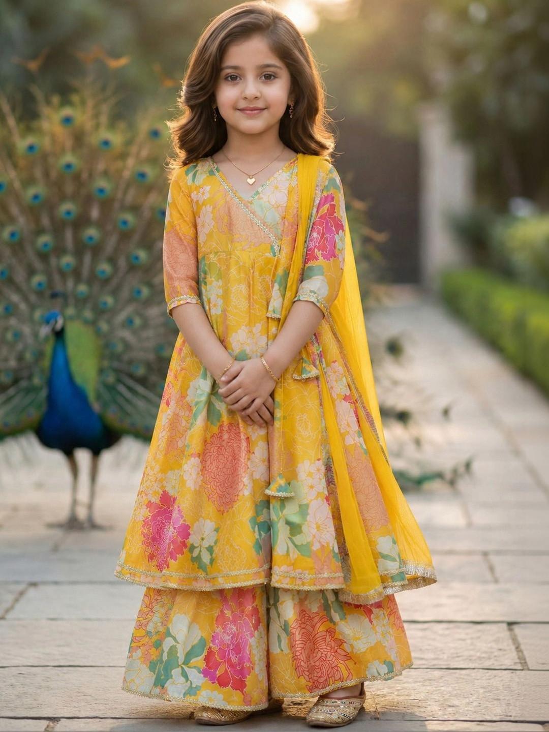 KALINI Girls Floral Printed Angrakha Gotta Patti Chanderi Silk Kurta with Sharara & With Dupatta