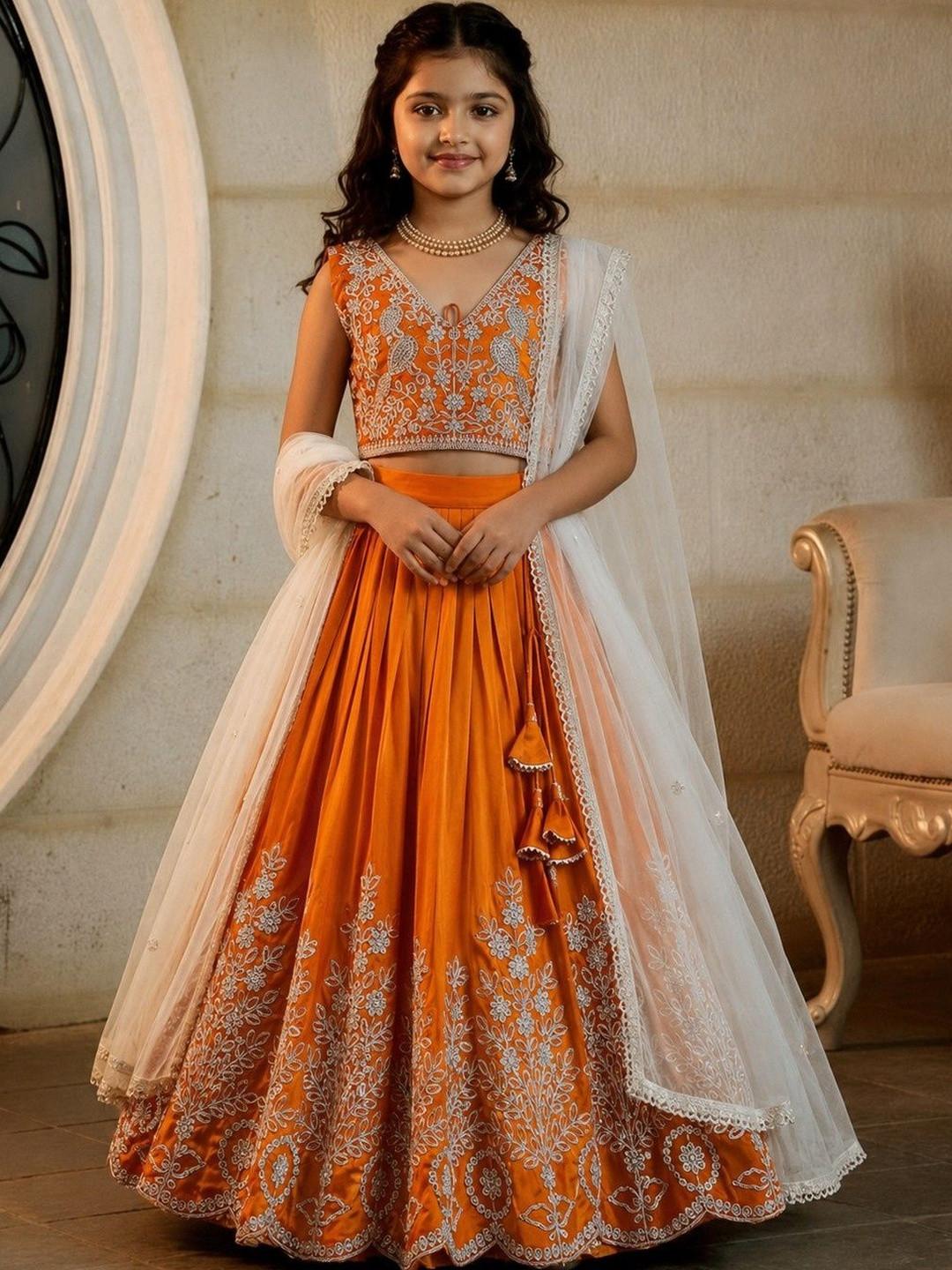 KALINI Girls Embroidered Thread Work Ready to Wear Lehenga & Blouse With Dupatta