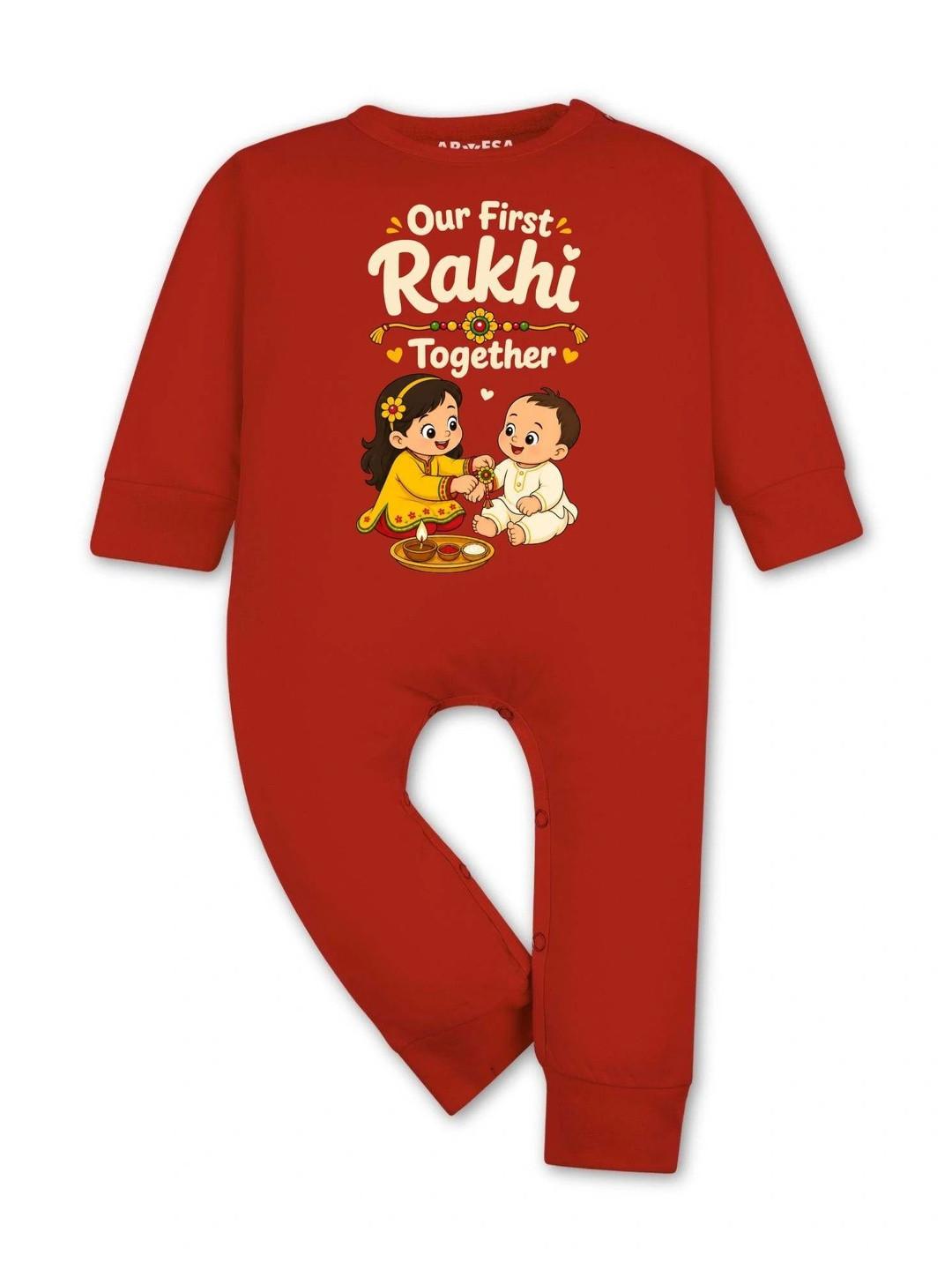 Arvesa Infants Our First Rakhi Printed Cotton Rompers