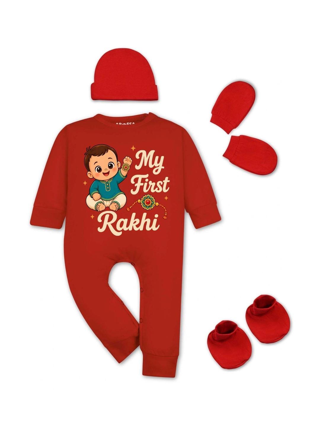Arvesa My First Rakhi Printed Infants Pack Of 4 Printed Pure Cotton Baby Apparel Gift Set