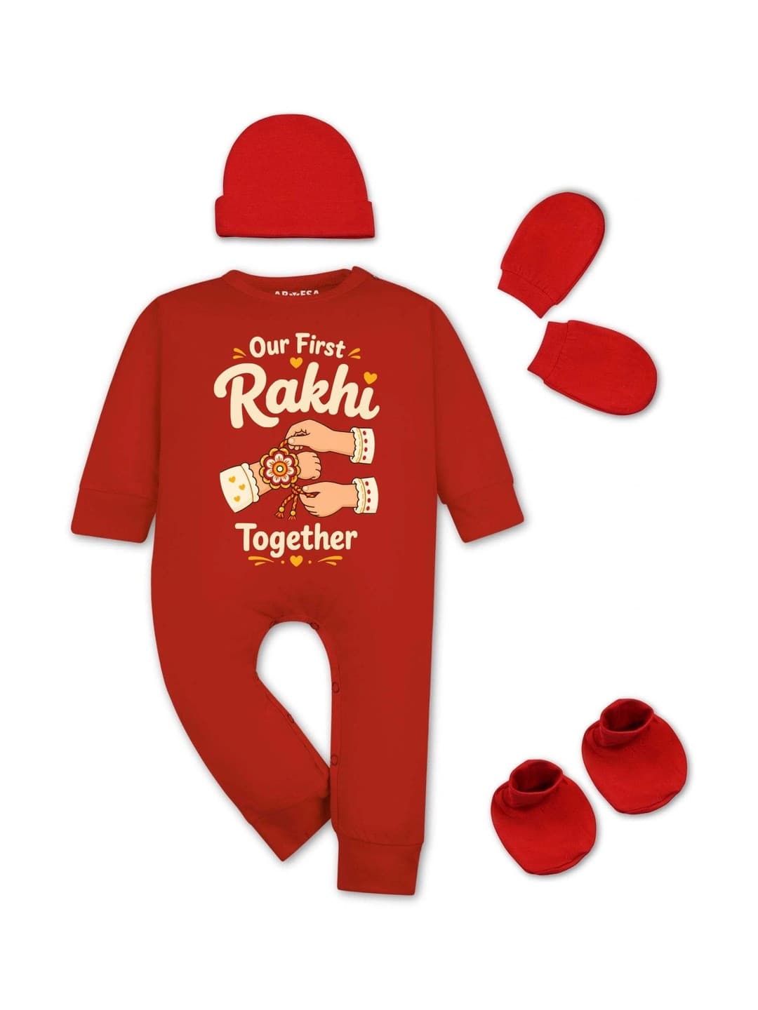 Arvesa My First Rakhi Printed Bodysuit with Cap Booties Mitten