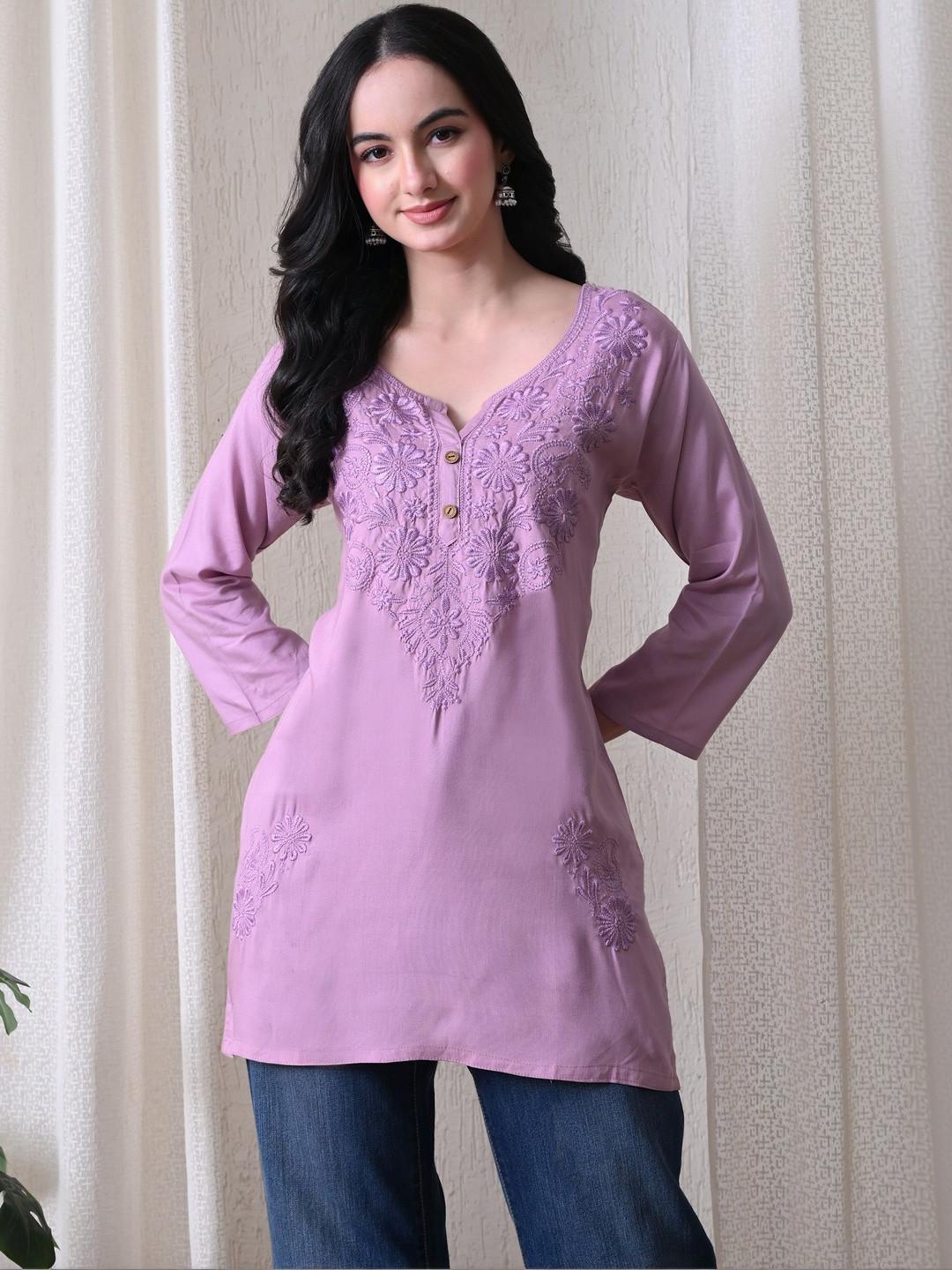 ROSHNI Women Floral Embroidered Round Neck Thread Work Cotton Regular Kurti