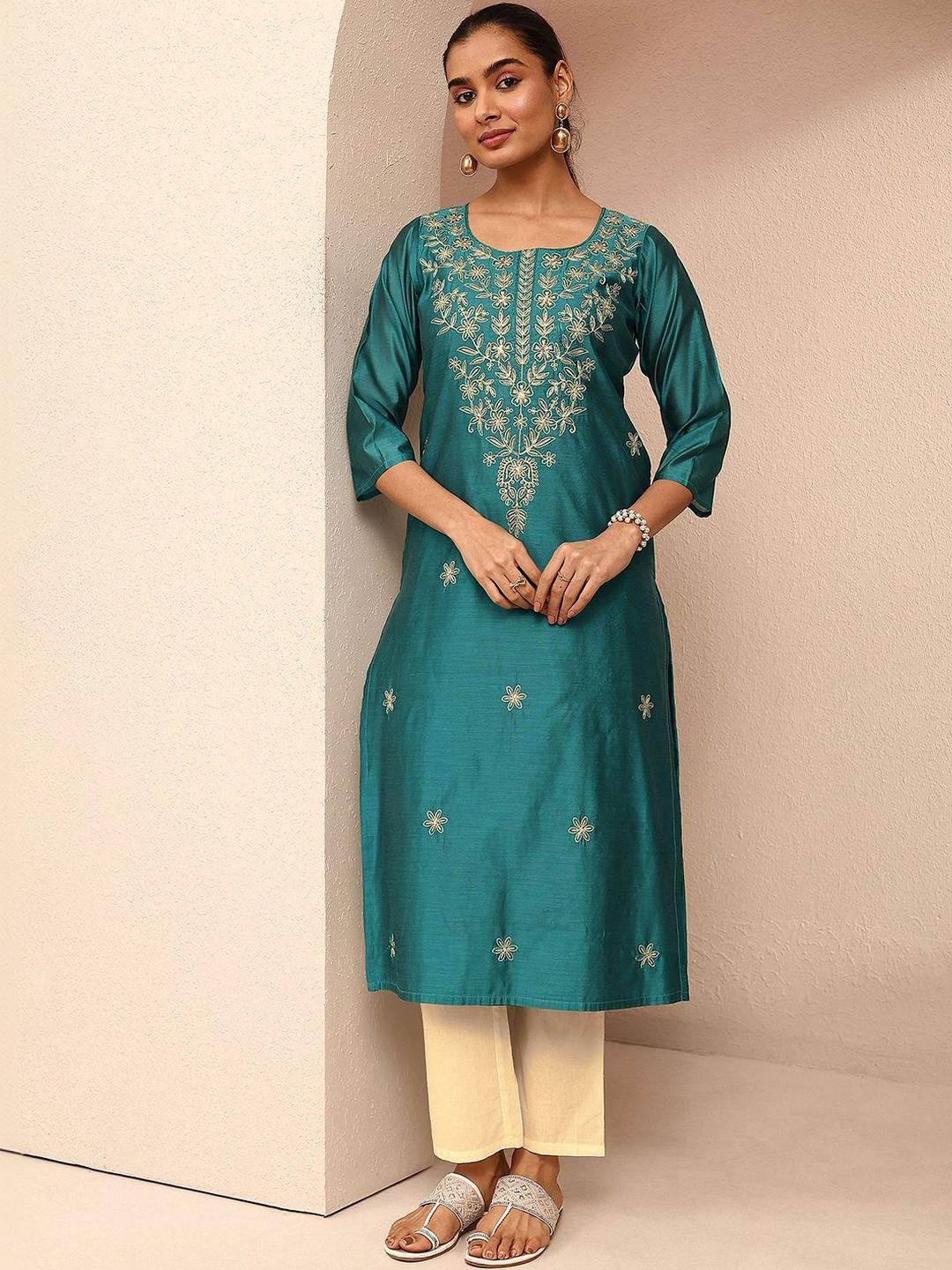 Libas Women Floral Embroidered Thread Work Chanderi Silk Kurta