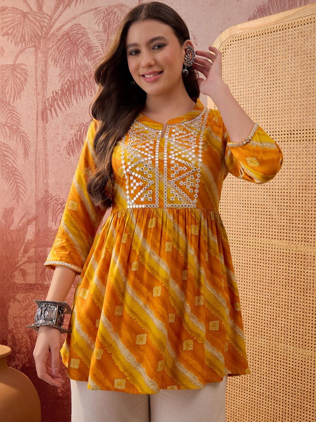 Sangria Leheriya Printed & Embroidered Waistline Kurti