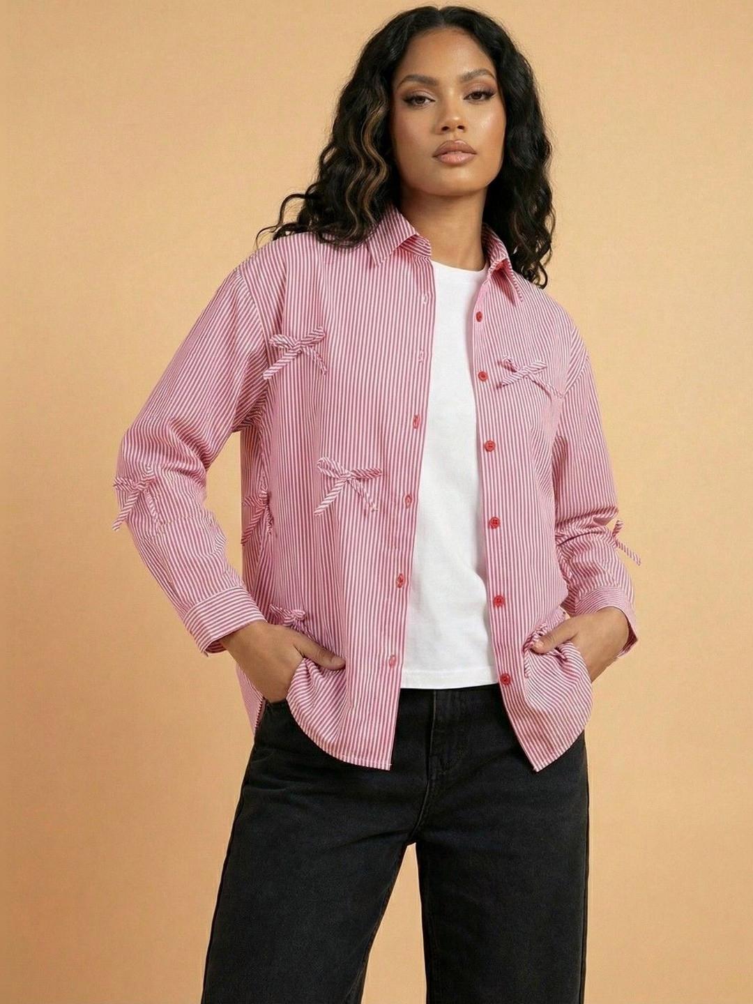 QIOA Women Relaxed Striped Casual Shirt
