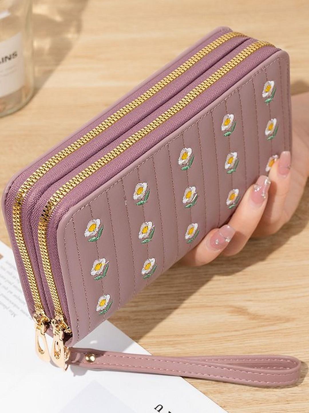VALERIE Women Floral Printed Embroidered PU Zip Around Wallet