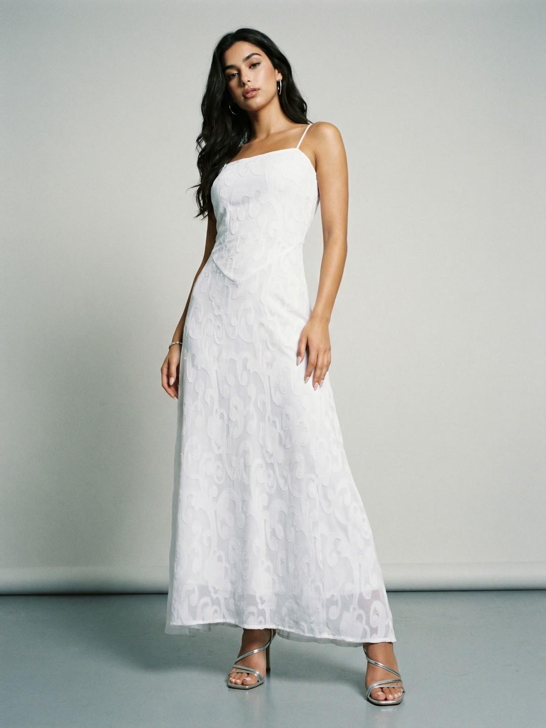 Phosphorus Floral Self Design Shoulder Straps Lace-Up Detail Maxi Dress