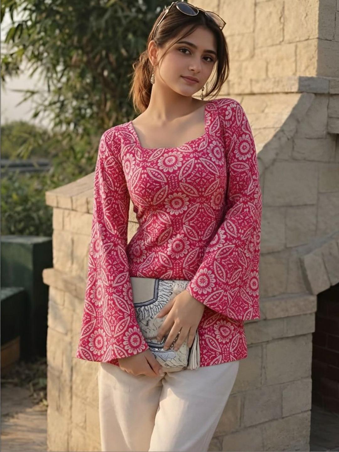 SAICHA Ethnic Motifs Printed Square Neck Flared Sleeves Pure Cotton Blend Kurti