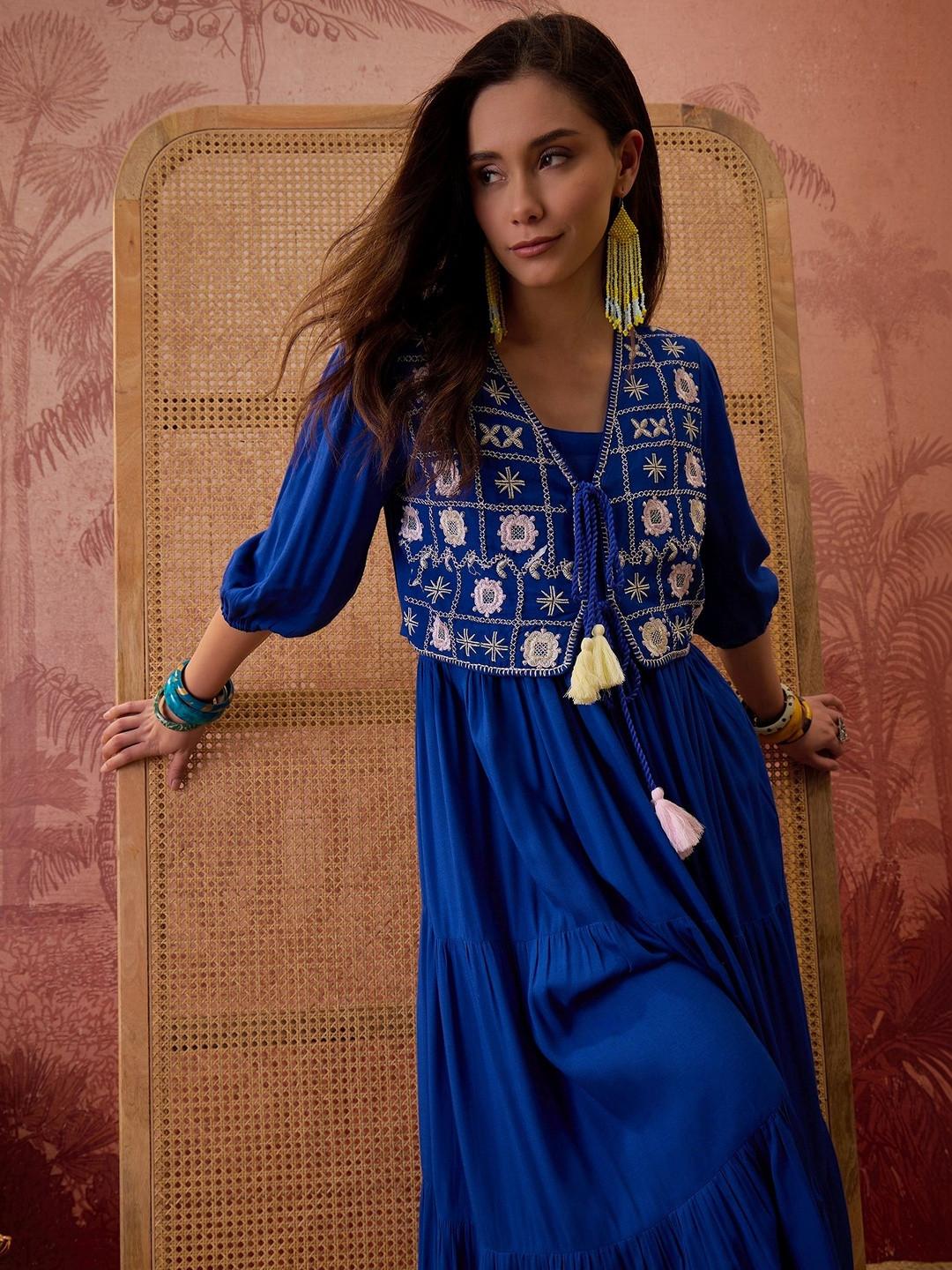Sangria Round Neck Empire Maxi Dress with Embroidered Jacket