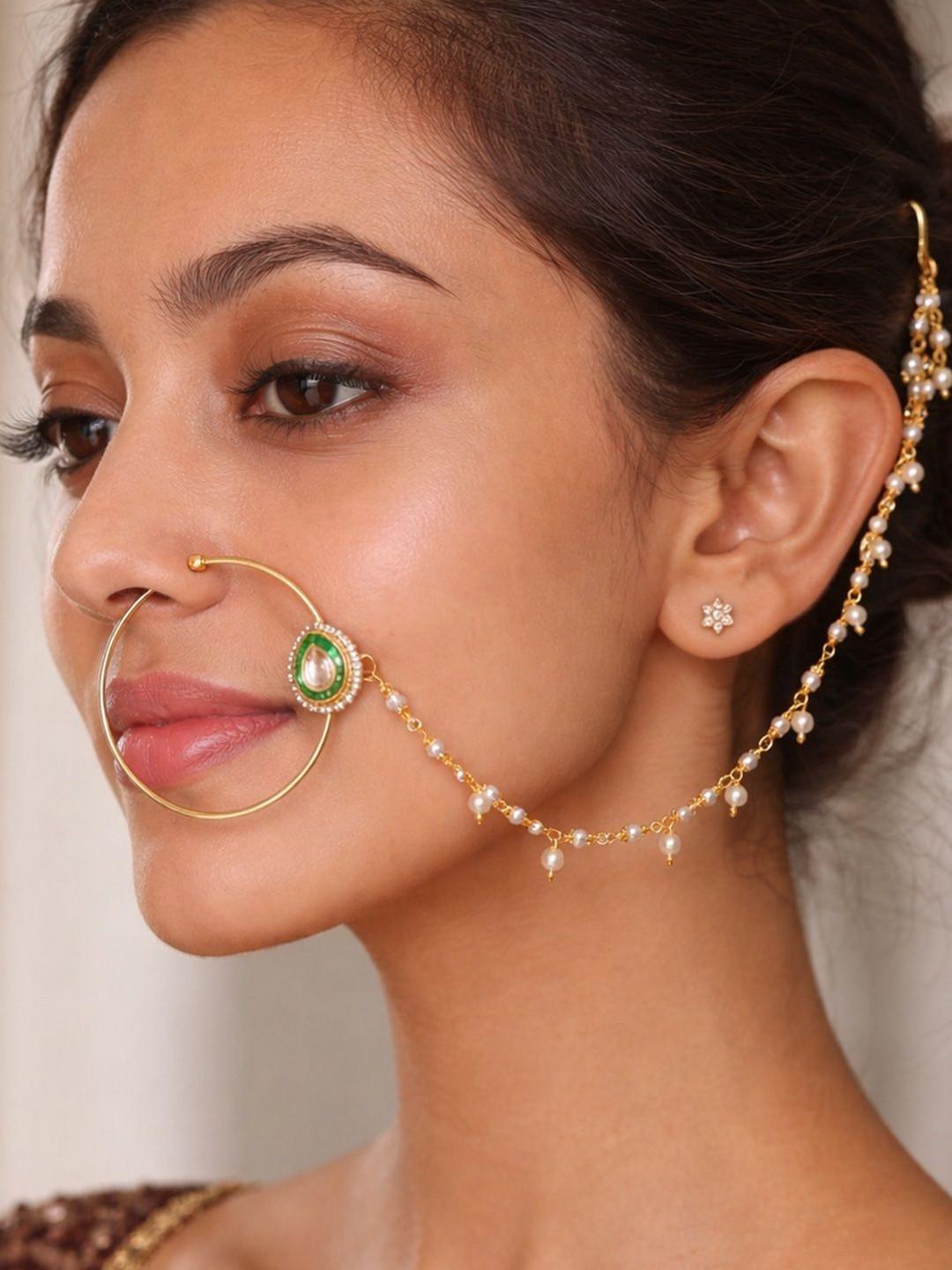 SUGARFRILL Gold-Plated Kundan Chained Nosepin