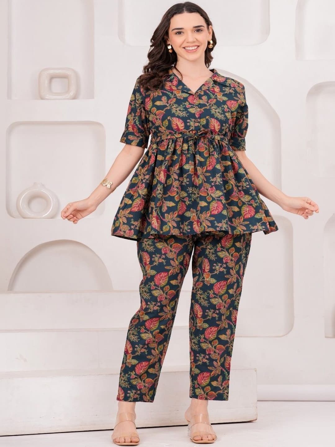 CLOTHYCORP Tropical Cotton Printed Top with Trousers