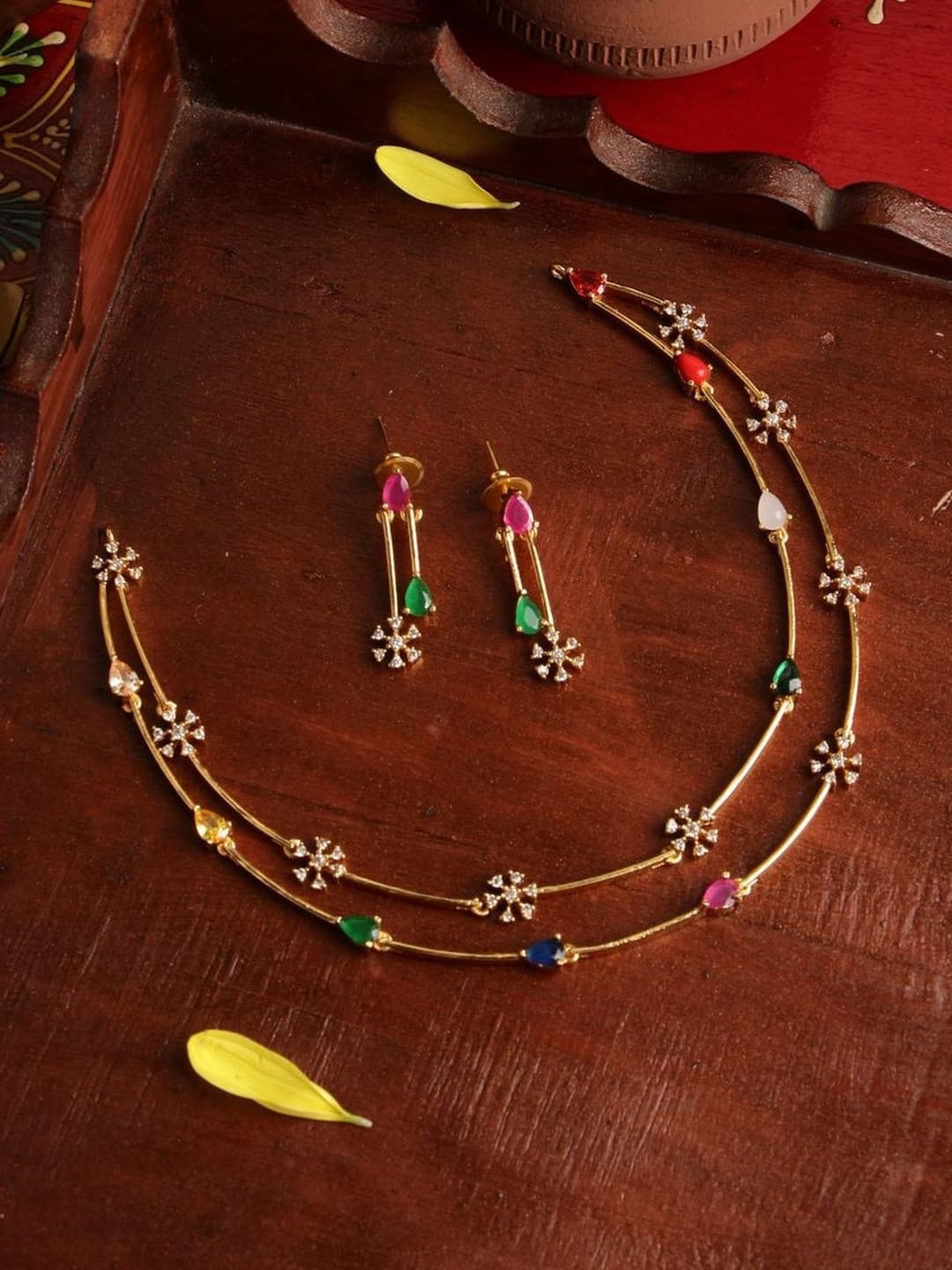 Kattam Gold-Plated Stone Studded & Beaded Necklace and Earrings