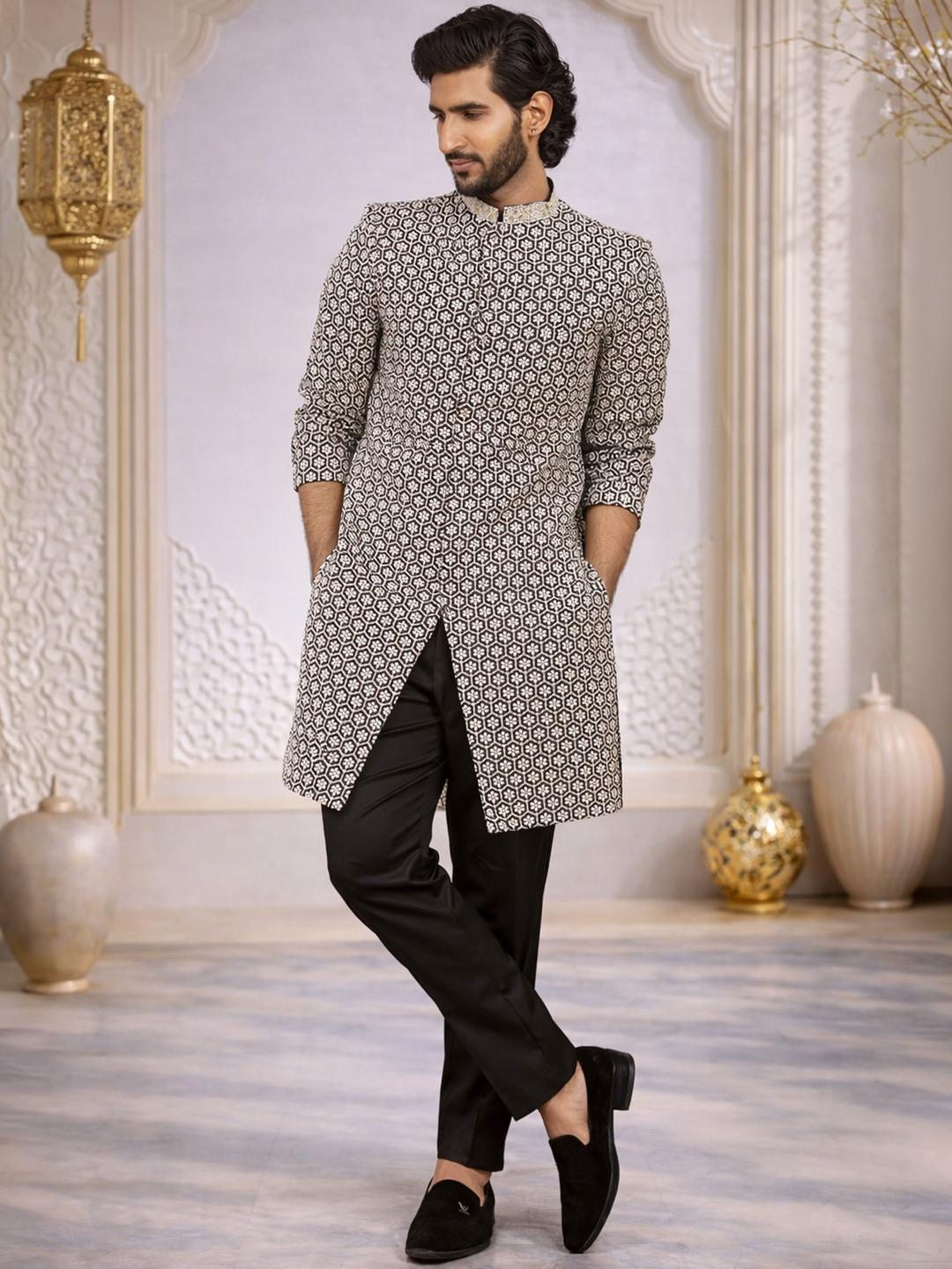VASTRAMAY Embroidered Mandarin Collar Sherwani