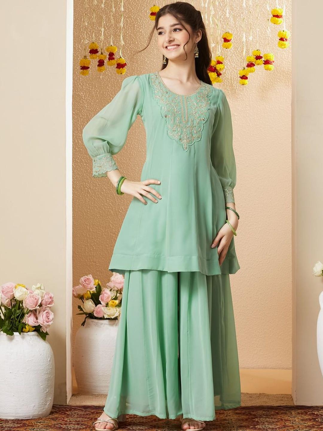 CurlyTales Girls Georgette Embroidered Kurta with Sharara Set