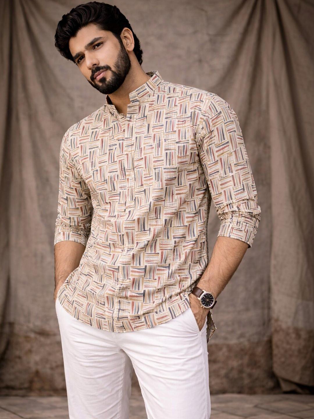 Rawayi Men Checked Mirror Work Kurta