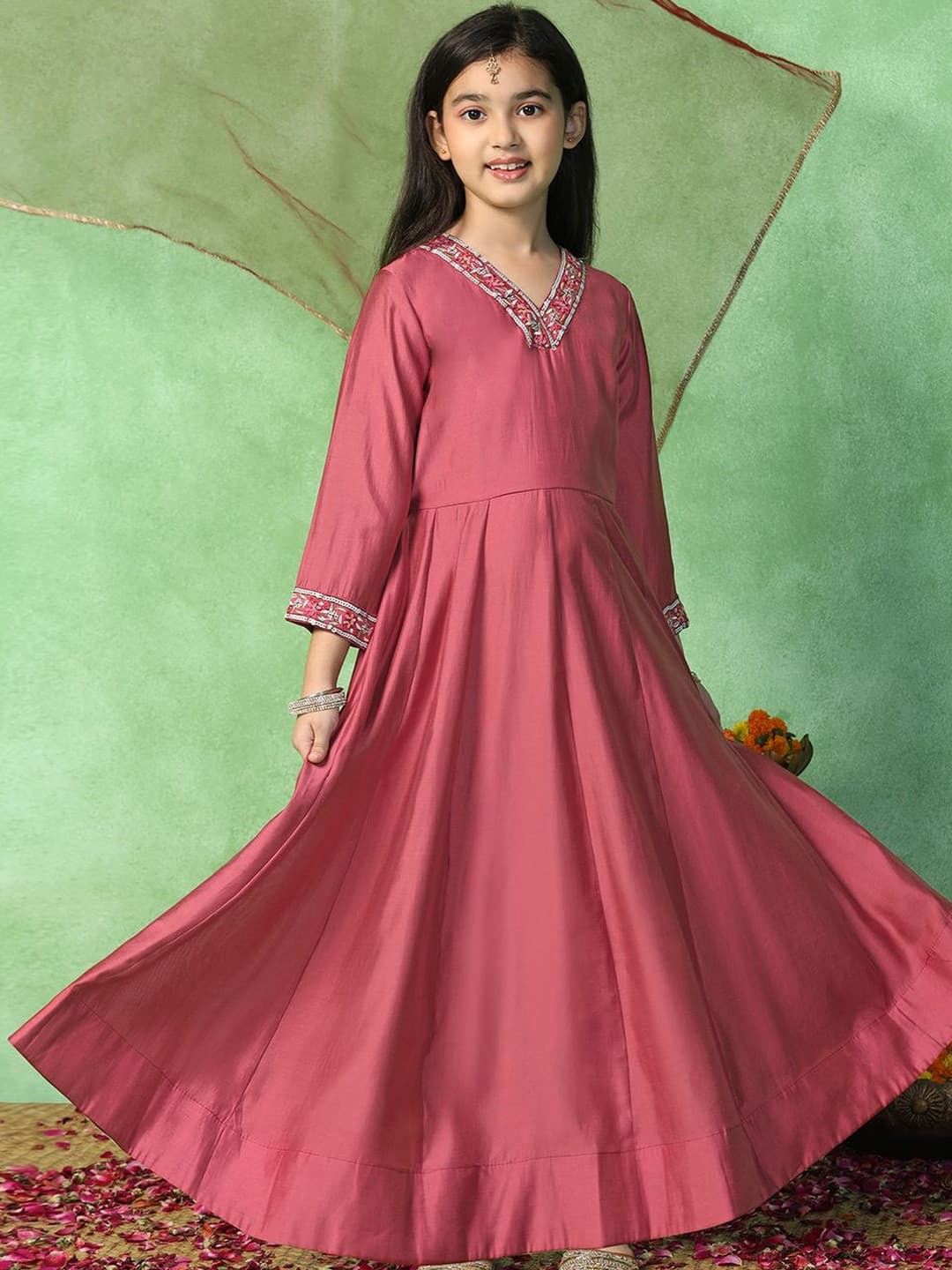 Sangria Girls Embroidered V Neck Fit and Flare Ethnic Dresses