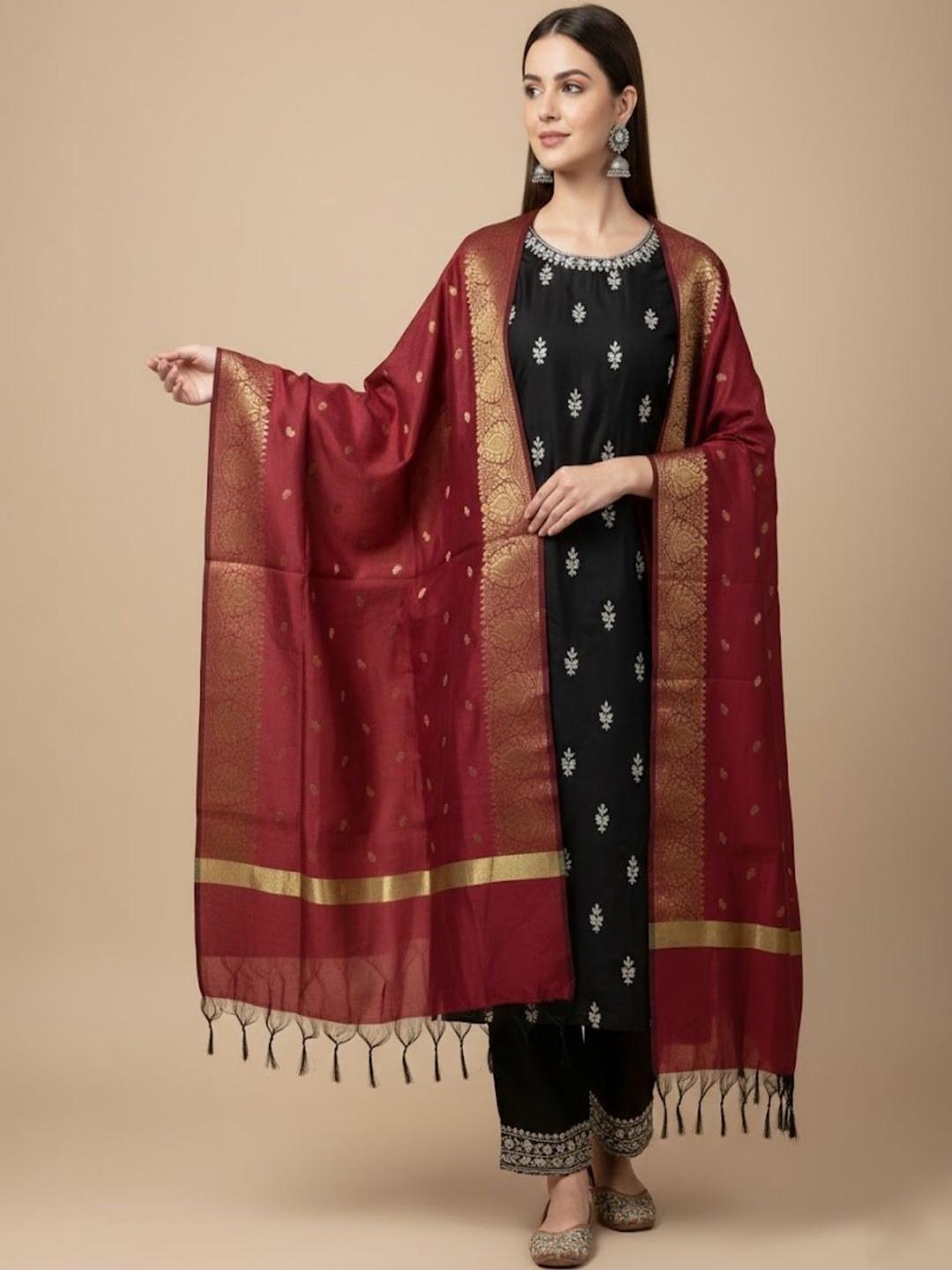 MUFFLY Ethnic Motifs Woven Design Dupatta with Zari