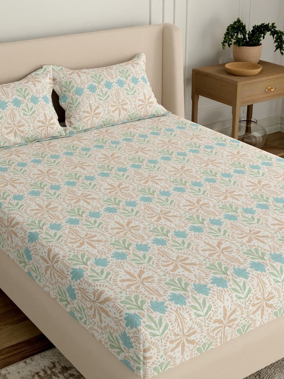 Portico Teal Floral 144 TC Bedsheet with 2 Pillow Covers