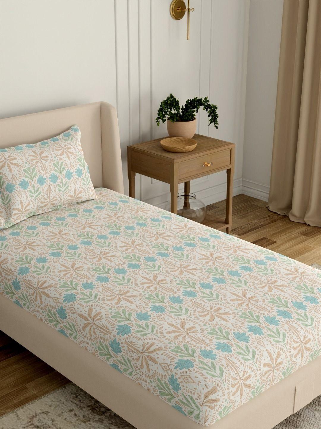 Portico 144 TC Teal Floral Single Bedsheet with 1 Pillow Covers