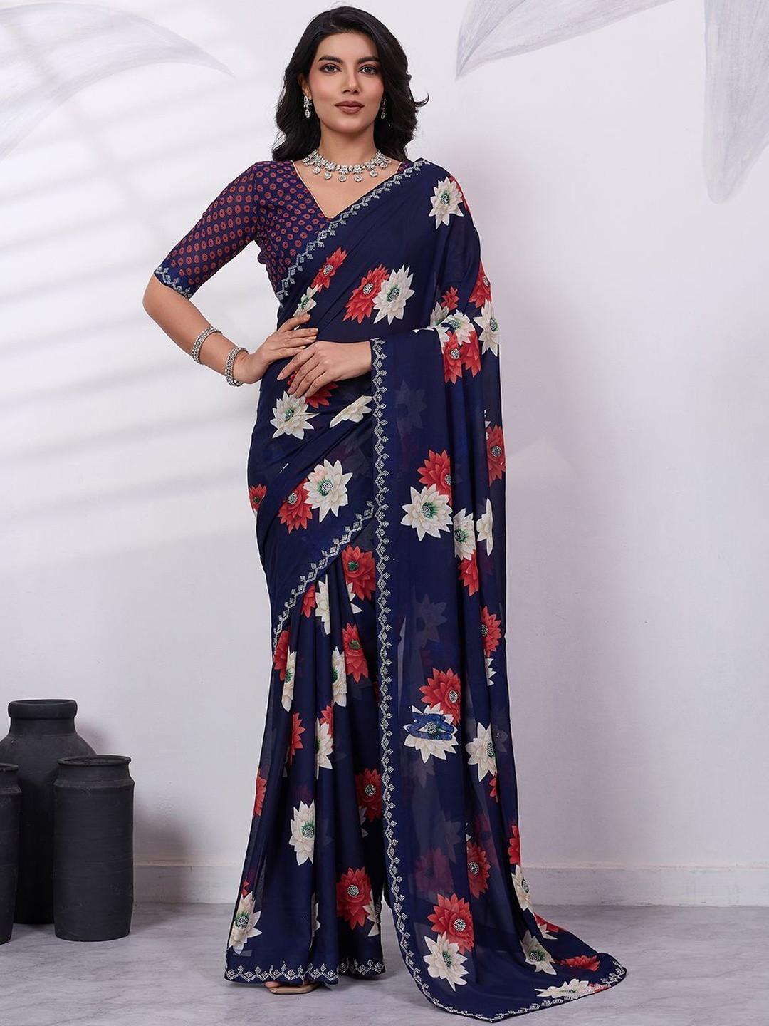 Vibhagyaa Embellished Beads and Stones Poly Chiffon Saree