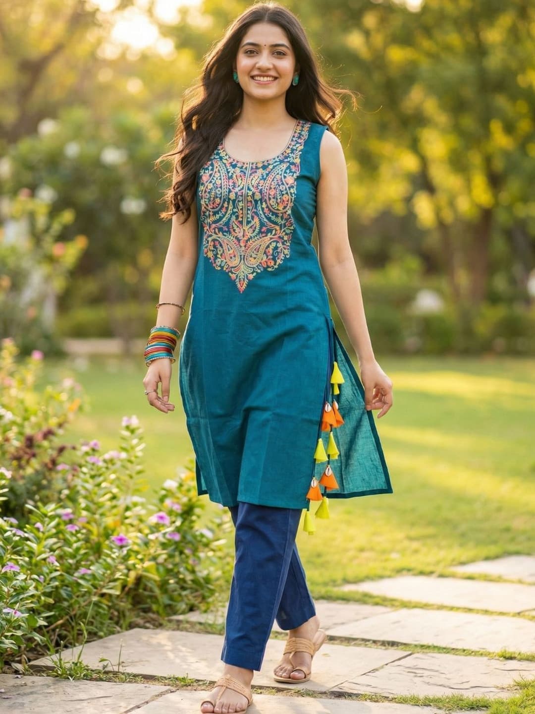 Youthnic Paisley Embroidered Boat Neck Thread Work Thread Work Kurti